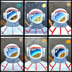 four pictures of an astronaut's space suit with the outer planets in the background