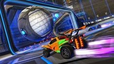 an orange and green vehicle driving through a futuristic city