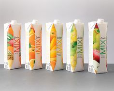 six cartons of different types of fruit juice