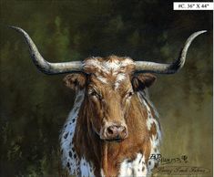 a brown and white cow with large horns