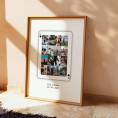 a white framed photo with many pictures on it sitting next to a black and white rug