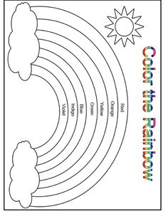 a coloring page with the words color the rainbow on it and clouds in the sky