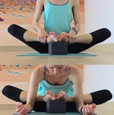 a woman is doing yoga with her hands together