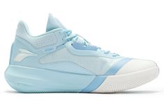 a blue and white basketball shoe on a white background