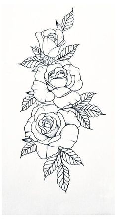 a black and white drawing of roses with leaves