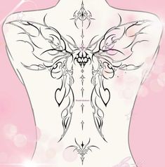 the back of a woman's body with tattoos on her chest and wings above it