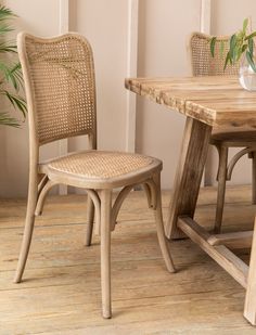 a wooden table with two chairs next to it and a potted plant in the corner