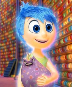 a cartoon character with blue hair holding a purse in front of stacks of candy canes