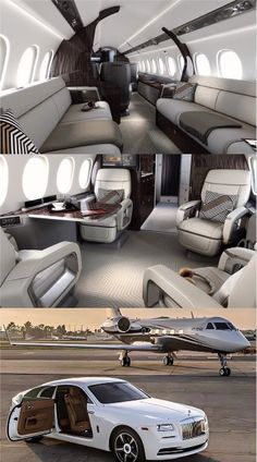 the inside of an airplane with several seats and a car parked in front of it