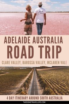 an advertisement for the australia road trip with two people walking down a dirt road in front of