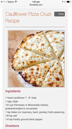 the recipe for cauliflower pizza crust is shown on an iphone screen, with instructions to make it