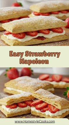 strawberry shortcakes with cream cheese and strawberries on top are shown in two separate images