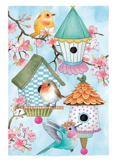 Bird House & Birds on Cherry Blossoms Garden Flag 2 Sided heartlandflags Fancy Birdhouses, Burlap Flag, Animals Care, Blossom Garden, Garden Stand, Blossom Tree, Yard Flags, Cherry Blossom Tree, Linen Material