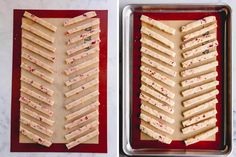 two pans filled with crackers on top of a counter next to each other