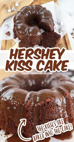 a chocolate bundt cake on a plate with the words hershey kiss cake above it