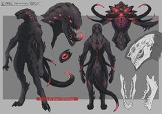 the concept art for an upcoming game, alien creatures and their human body shapes are shown in