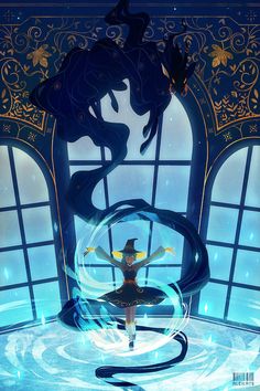 a woman standing in front of an open window with a dragon on it's back