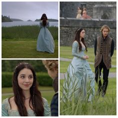 four pictures of people dressed in period costumes, one with long brown hair and the other wearing blue