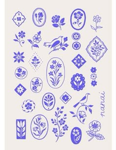 blue flowers and birds on white paper