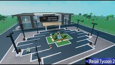 an animated rendering of a retail center with people walking around the front entrance and parking lot