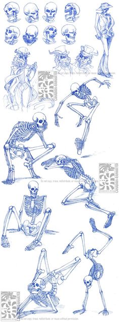 some drawings of skeletons in various poses and positions, all with different facial expressions on their faces