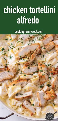 chicken tortellini alfredo with text overlay