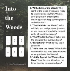 an image with the words into the woods on it and in front of some trees