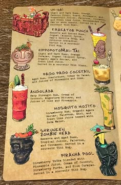 a menu with different types of drinks on it