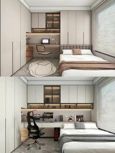 two pictures of a small bedroom with desk and bed in the same room, one is empty