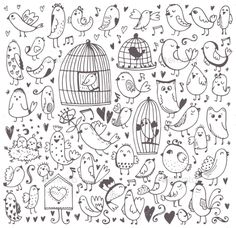 hand drawn doodle birds and cages with hearts - animals characters on white background, black and