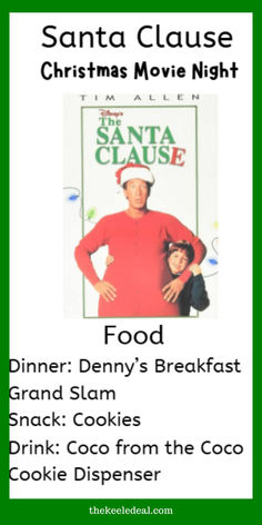 the santa clause christmas movie night flyer with an image of a man in red shirt