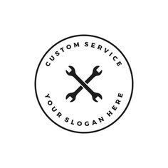 a black and white logo with two crossed wrenches on it's side that says, custom service your slogan here