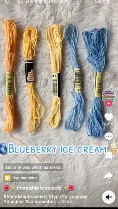 four skeins of blueberry ice cream on a white blanket with text overlay