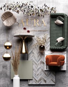 an assortment of furniture and decor displayed on a wall with the word aura above it