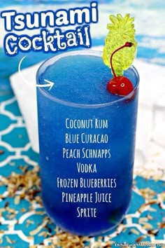 a blue cocktail with an orange garnish on the rim and text that reads, tsunami cocktail coconut rum blue curacco peach schnaps vodka frozen blueberries pineapple pineapple juice