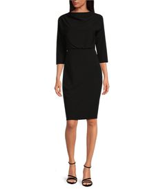 Belle Badgley Mischka Draped Boat Neck 3/4 Sleeve Blouson Dress | Dillard's Engagement Party Dresses, 60 Fashion, Blouson Dress, Dillard's, Badgley Mischka, Cocktail Dress Party, Boat Neck, Evening Wear, Wedding Guest Dress