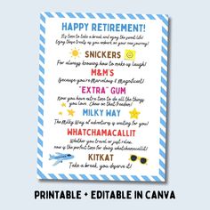 a printable birthday card with the words happy retirement written in different colors and font