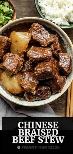 chinese braised beef stew in a bowl with chopsticks and rice on the side