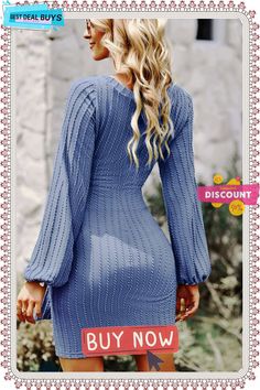 May Knit Dress - Blue Blue V-neck Mini Dress For Fall, Blue Ribbed Knee-length Bodycon Dress, Blue V-neck Sweater Dress For Spring, Blue Ribbed Mini Length Dresses, Blue Ribbed Mini Dress, Blue Ribbed Knee-length Dress, Blue Long Sleeve Bodycon Dress For Fall, Chic Blue Long Sleeve Sweater Dress, Winter Light Blue Stretch Dresses