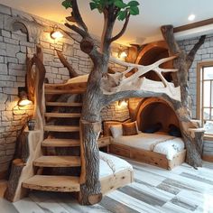 a bedroom with a spiral staircase made out of tree trunks and logs, next to a bed