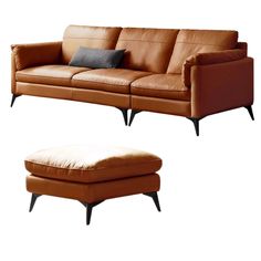 a brown leather couch and footstool sitting next to each other