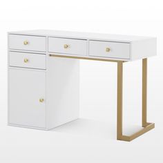 a white and gold desk with two drawers on each side, against a white background