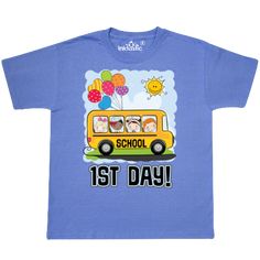 a blue tshirt with the words 1st day on it and balloons in the background