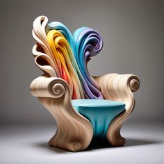 an unusual chair made out of wood with colorful swirls on the back and sides