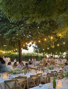 a group of people sitting at tables under trees