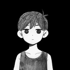 a black and white drawing of a boy with short hair, wearing a tank top