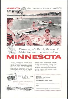 an old advertisement for minnesota with people on the beach and in boats at the water