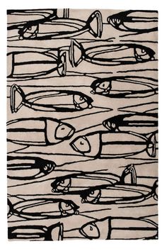 black and white drawing of fish swimming in the water on a beige background with lines