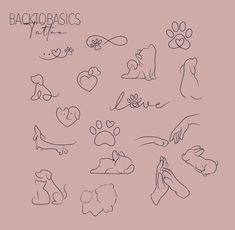 various hand drawn dog paws and hearts on a pink background with the words back to basics