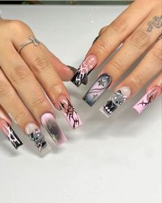 New Years Nails Ideas, Paznokcie Hello Kitty, New Years Nails, Best Nails, Grunge Nails, Almond Nail, Ootd Ideas, Long Square Acrylic Nails, Nail Swag